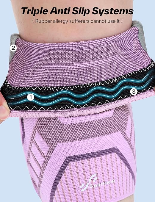 Sportneer Knee Brace with Dual Side Stabilizers – Maximum Support Compression Knee Sleeve for Men & Women, Anti-Slip Knee Support for Running, Workout, Arthritis, ACL & Pain Relief (Pink-Purple, Large(18"-20"))