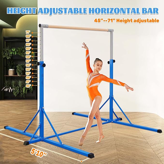 Gymnastics Bar, 5'10” Base length 45" to 71" Adjustable Horizontal Bar for Serious Training, 500 LBS Capacity, Professional Home Gym Equipment with Competition-Grade Beech-covered Fiberglass Bar