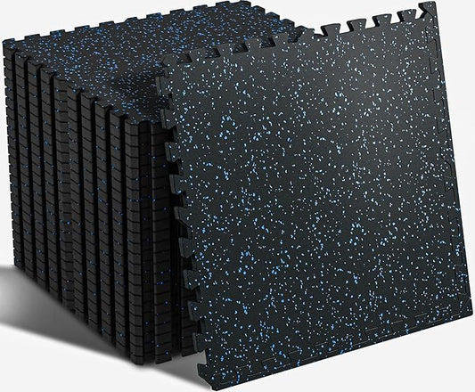 SUPERJARE 0.56'' Thick 24 Pcs 96 Sq Ft Rubber Top Exercise Equipment Mats, High Density EVA Foam Mats with Rubber Top, Interlocking Gym Flooring for Home Gym, Protective Workout Mat, Black/Blue