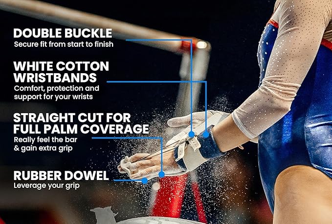 Double Buckle Leather Grips for Girls Gymnastics | Dowel Grips, 4" Wristbands, Grip Bag | Gymnastics Grips for Girls | Youth Bar Grips | Gymnastics Gloves