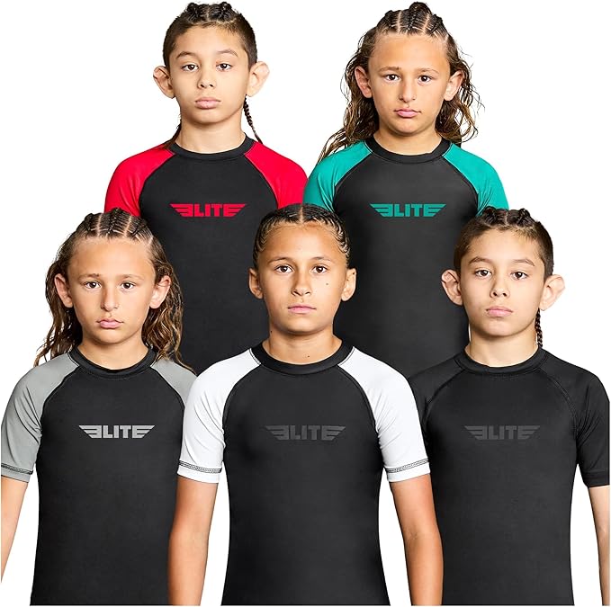 Elite Sports Kids Jiu Jitsu BJJ Rash Guard, Short Half Sleeve Compression Shirt for Youth Boys Girls Sports Nogi Training