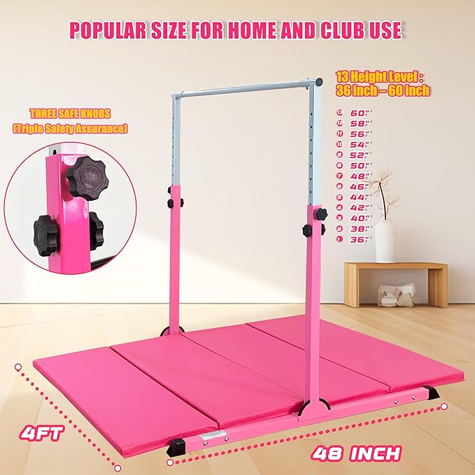 MARFULA Gymnastic Bar with 4 ft Inner Width 5 ft Adjust Height for Kids Kip Bar with 350 lbs Gymnastic Training Equipment for Kids 3-15 Years Home and Club Use