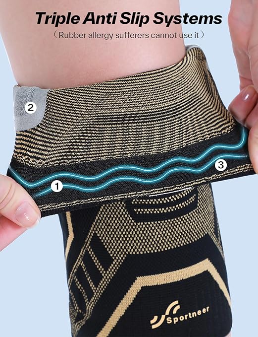 Sportneer Knee Brace with Dual Side Stabilizers – Maximum Support Compression Knee Sleeve for Men & Women, Anti-Slip Knee Support for Running, Workout, Arthritis, ACL & Pain Relief (Black-Copper, Medium(16"-18.5"))