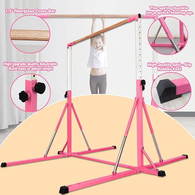 Gymnastics Bar for Kids Ages 3-15, 35" to 60" Adjustable Height, 4FT Wide Base - Professional Kip Bar with 360° Stability & Fiberglass Crossbar, Easy Fold&Solid Design for Home Training