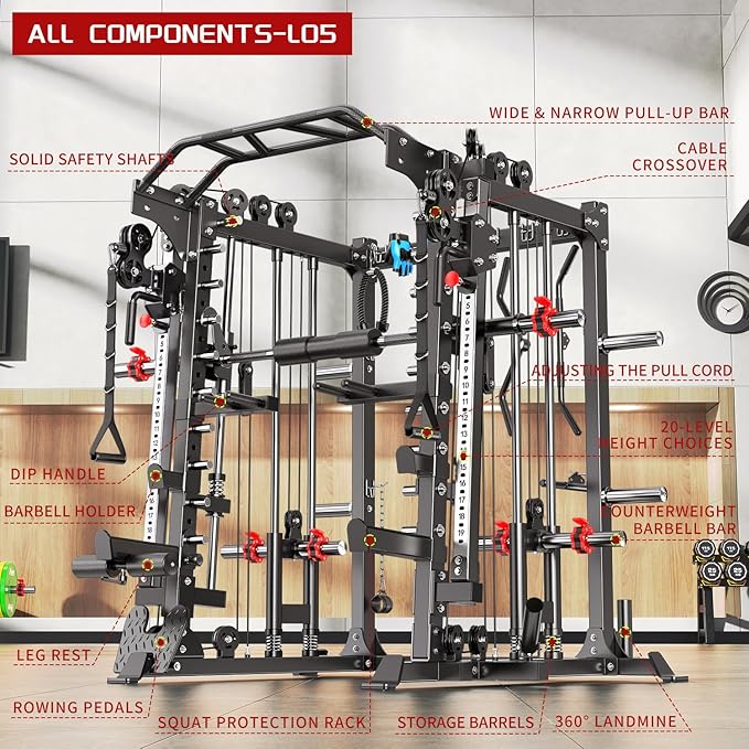 Smith Machine, Multi-Purpose Strength Power Cage with Cable Crossover System and More Training Accessories,Squat Rack Power Rack，Suitable for Home Gyms