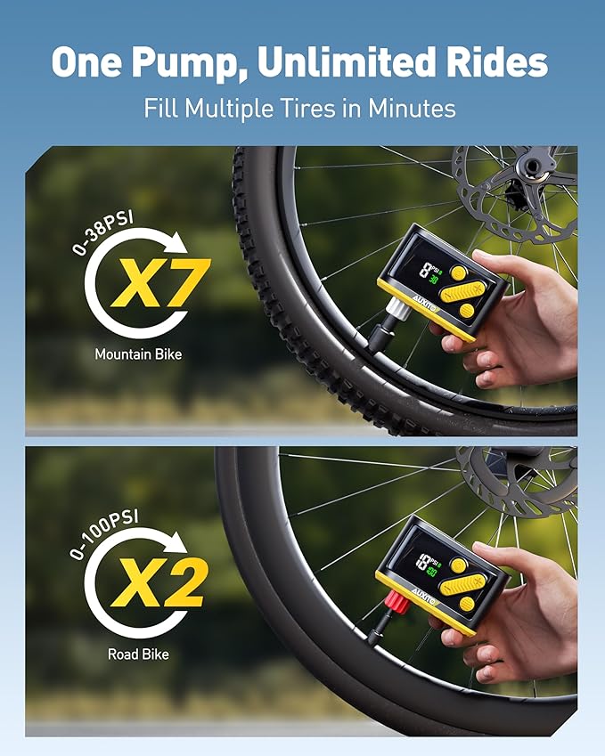 AUXITO AB1 Tiny Bike Pump, Mini Electric Bicycle Pump with Guage 20s Fast Inflate, 120PSI Bike Tire Pump with Presta & Schrader Valve Adaptor, Bike Accessories for Road Mountain Bike, E-Bike (0.48lb)