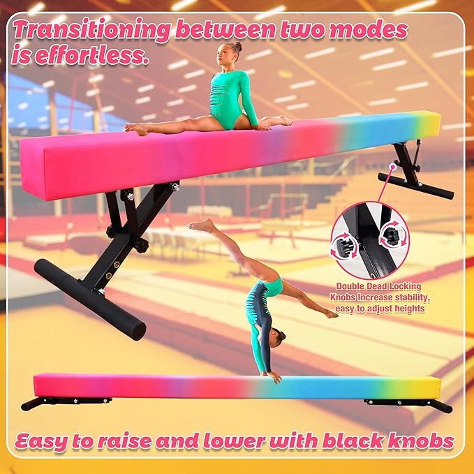 PreGymnastic 8FT Balance Beam, Raised Gymnastics Beam for Kids Ages 3-12, Home Gym Equipment for Training, Adjustable Balancing Beam Indoor, Off-Ground Competition Style