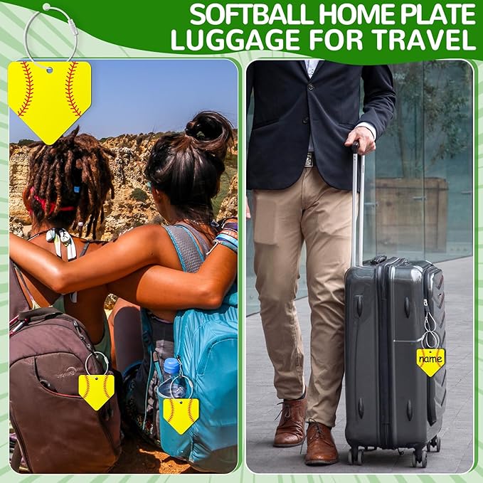 12 Pcs Softball Home Plate Luggage Tags for Softball Travel Suitcase Labels with Metal Ring 2.75in Softball-Related Keychain PVC Name Id Card and DIY Pocket Hug Card for Men Women Travel Bag Suitcase