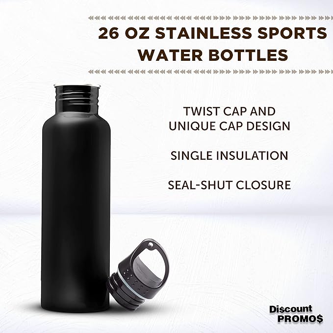 DISCOUNT PROMOS Stainless Steel Water Bottles 26 oz. Set of 10, Bulk Pack - Reusable, Leak Proof, Perfect for Gym, Hiking, Camping, Outdoor Sports - Black