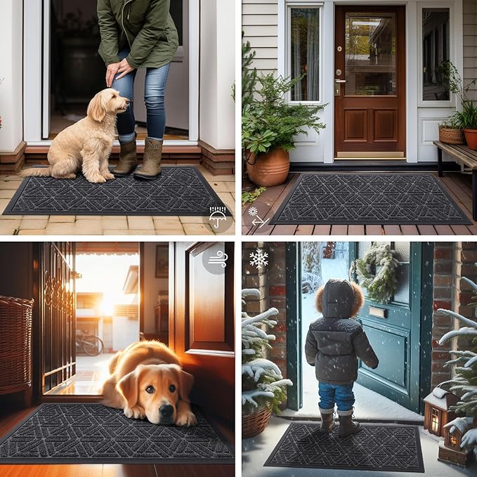 Smiry Front Door Mat Outside Entrance, Heavy Duty Sturdy Natural Rubber Doormat, Trap Dirt and Moisture, Easy Clean Low Profile Mats for Indoor Outdoor Entry, Grid Geometric (71x24, Grey)