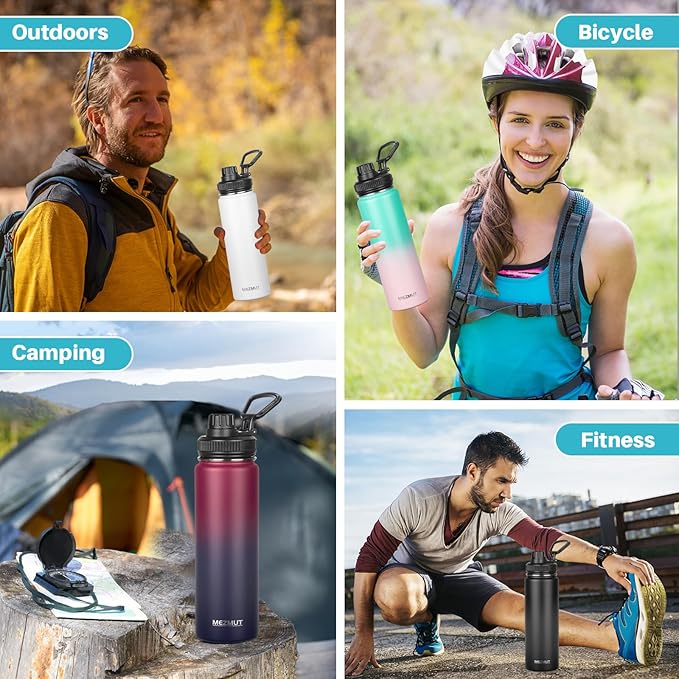 MEZMUT Insulated Water Bottle 24oz Stainless Steel Water Bottles with Straw&2 Lids Sports Metal Water Bottle Cup Double Walled Vacuum Insulated Bottles Leak-Proof Travel (Gradient Green Pink)