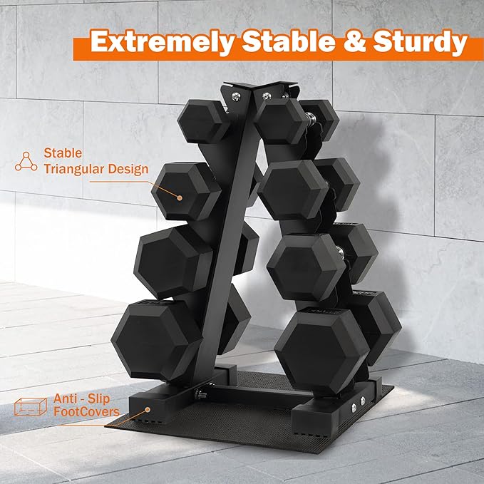 Fitvids 150 LB Rubber Coated Hex Dumbbell Set with Storage Rack, 5-25LB Hand Weight Set with Anti-Slip Grip for Home Gym