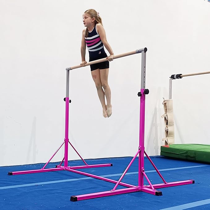 Gymnastics Bar, 5'10” Base length 45" to 71" Adjustable Horizontal Bar for Serious Training, 500 LBS Capacity, Professional Home Gym Equipment with Competition-Grade Beech-covered Fiberglass Bar