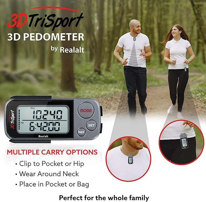 Realalt 3DTriSport Walking 3D Pedometer with Clip & Strap, eBook Included 30 Days Memory Accurate Step Counter, Walking Distance Miles/Km, Calorie Counter, Daily Exercise Time Monitor
