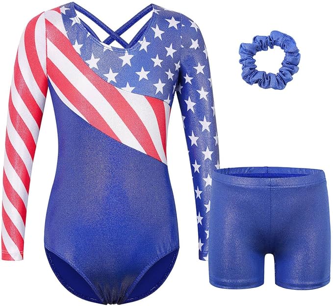 BAOHULU Gymnastics Leotards for Girls Long Sleeve Sparkly Cute Pattern Dance Outfit with Matching Shorts Set