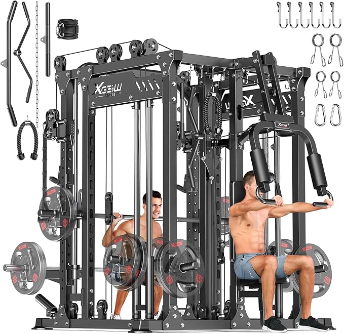 Smith Machine, Multi-Purpose Strength Power Cage with Cable Crossover System and More Training Accessories,Squat Rack Power Rack，Suitable for Home Gyms