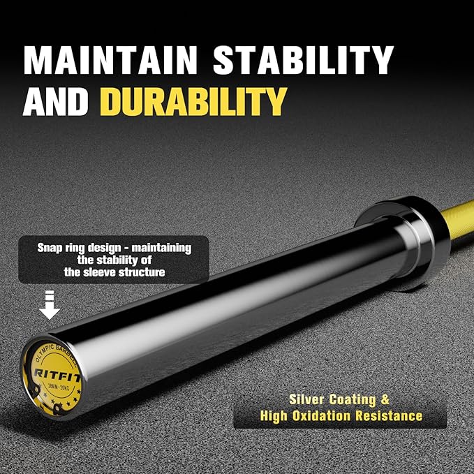 RITFIT 7FT Olympic Barbell for Strength and Weightlifting Training - 2 Inch Olympic Bar for Squat, Deadlift, Bench Press, Curl, Overhead Press - 600lbs/1000lbs/1200lbs Capacity
