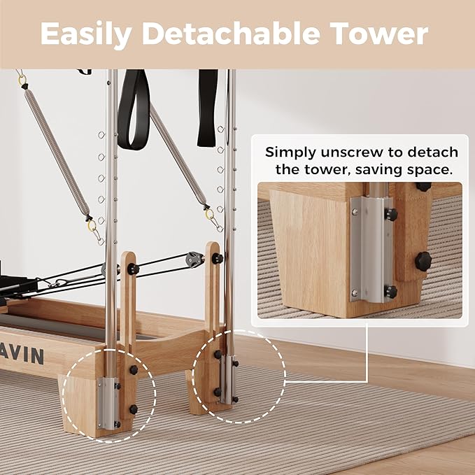 DELAVIN Pilates Reformer with Tower, Pilates Machines with Springs, Sitting Box, Jump Board and Accessories, Solid Wooden Pilates Equipment for Studio, Gym and Home Workout