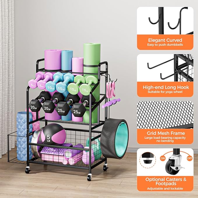 Dumbbell Rack, Home Gym Weight Rack Storage, Adjustable Dumbbell Stand Organizer with Wheels, Holds Dumbbells, Kettlebells, Yoga Mats