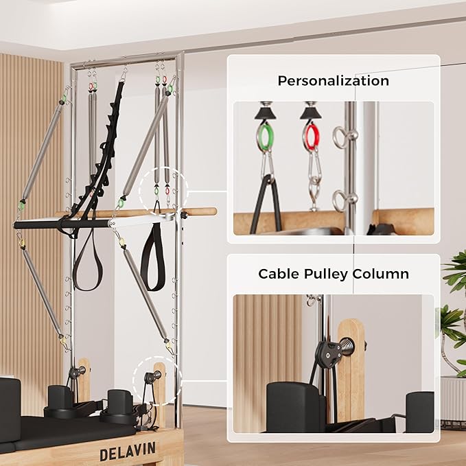 DELAVIN Pilates Reformer with Tower, Pilates Machines with Springs, Sitting Box, Jump Board and Accessories, Solid Wooden Pilates Equipment for Studio, Gym and Home Workout