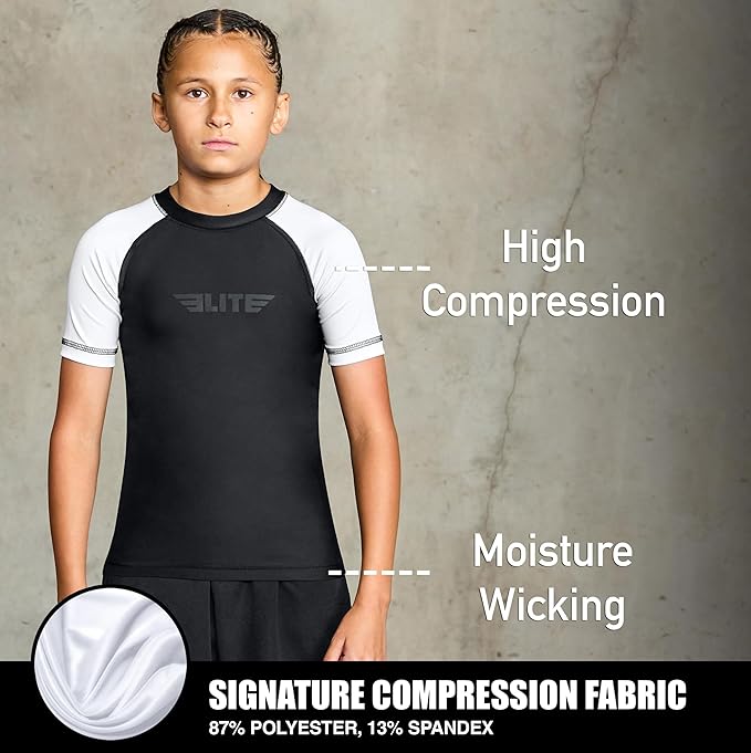 Elite Sports Kids Jiu Jitsu BJJ Rash Guard, Short Half Sleeve Compression Shirt for Youth Boys Girls Sports Nogi Training