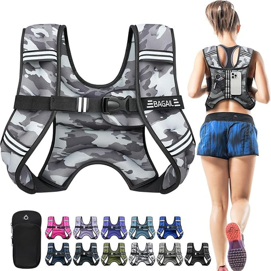 BAGAIL Weighted Vest, 5lb/8lb/10lb/12lb/15lb/20lb/25lb/30lb Weight Vest for Walking & Weight Loss, Reflective Rucking Vest with Phone Pouch for Women & Men, Home Gym & Outdoor Training