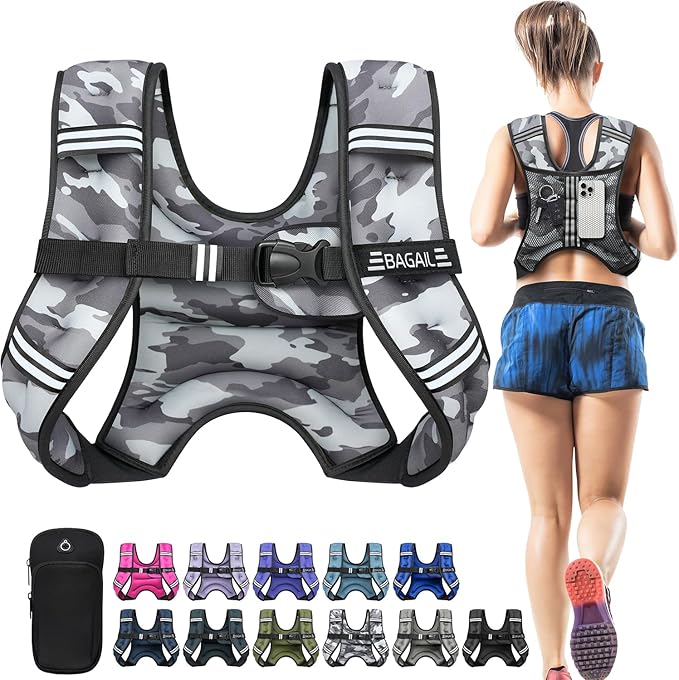 BAGAIL Weighted Vest, 5lb/8lb/10lb/12lb/15lb/20lb/25lb/30lb Weight Vest for Walking & Weight Loss, Reflective Rucking Vest with Phone Pouch for Women & Men, Home Gym & Outdoor Training