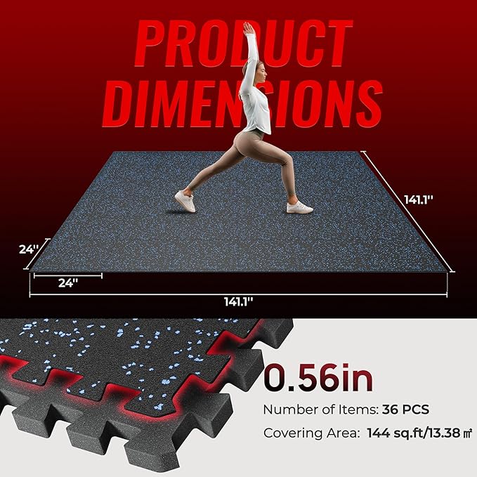 SUPERJARE 0.56'' Thick 36 Pcs 144 Sq Ft Rubber Top Exercise Equipment Mats, High Density EVA Foam Mats with Rubber Top, Interlocking Gym Flooring for Home Gym, Protective Workout Mat, Black/Blue