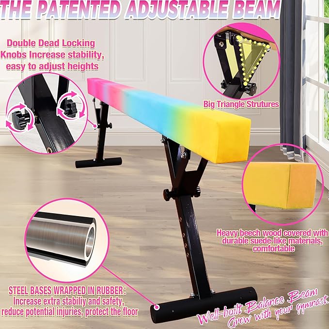 PreGymnastic 8FT Balance Beam, Raised Gymnastics Beam for Kids Ages 3-12, Home Gym Equipment for Training, Adjustable Balancing Beam Indoor, Off-Ground Competition Style