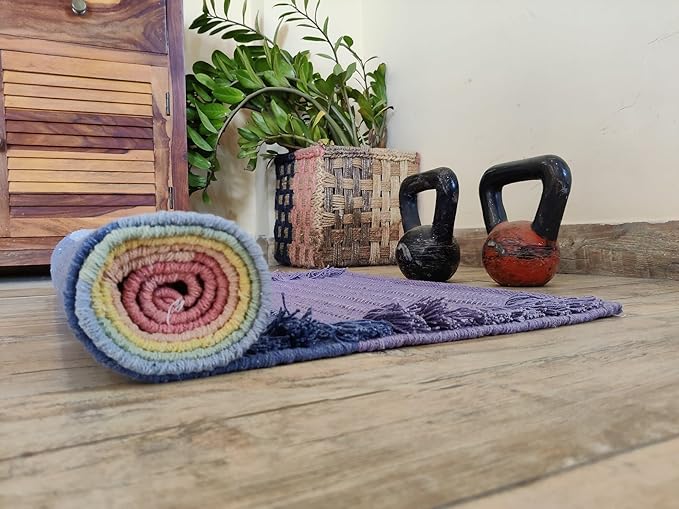 Indian Handmade100 % Organic Anti Skid Multi Colour Cotton Yoga Mat - Eco-Friendly Hand-Woven Rug - Non-Slip & Thick (24”x72”x5mm) for Hot yoga & Everyday Fitness at Home - Comfortable & Foldable Extra-Long Mat