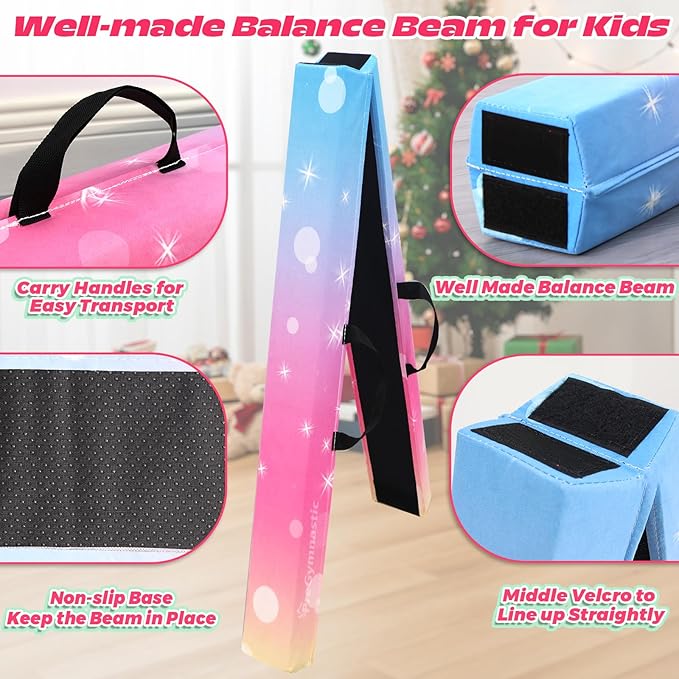 PreGymnastic 6FT/8FT/9.5FT Folding Balance Beam for Kids Ages 3-12, Foldable Gymnastics Floor Beam-Extra Firm Suede Cover with Carrying Bag for Home-Gym Equipment for Toddler Teenager