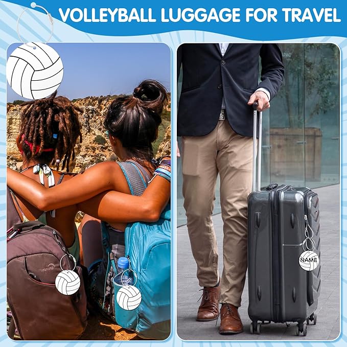 12 Pcs Volleyball Luggage Tags for Travel Suitcases Labels with Metal Ring 2.75in Volleyball Keychain, PVC Name Id and DIY Pocket Hug Card,Backpack Charm for Men Women Travel Bag Suitcase