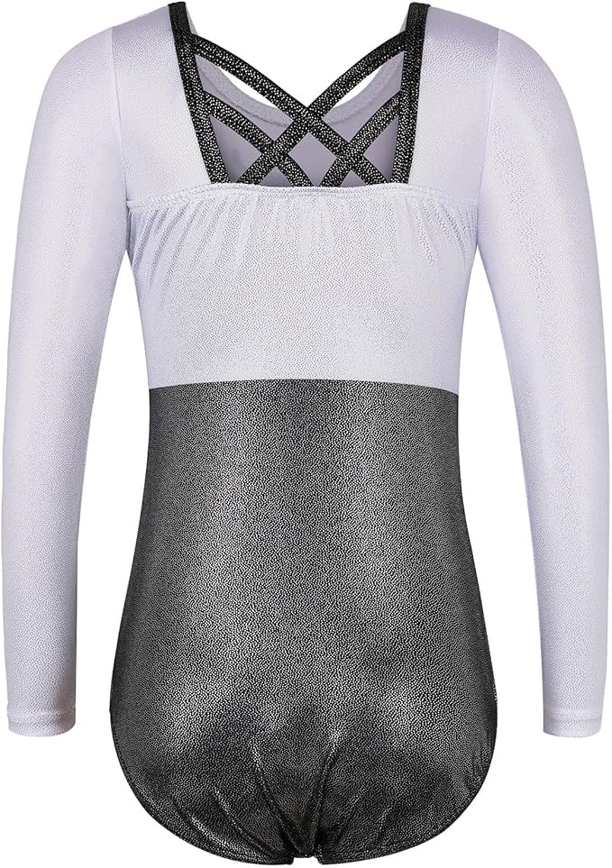 BAOHULU Gymnastics Leotards for Girls Long Sleeve Sparkly Cute Pattern Dance Outfit with Matching Shorts Set