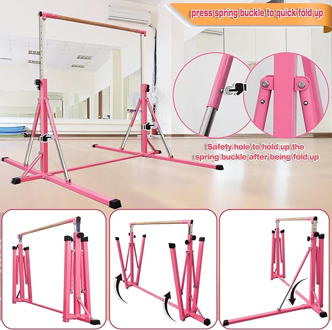 Gymnastics Bar for Kids Ages 3-15, 35" to 60" Adjustable Height, 4FT Wide Base - Professional Kip Bar with 360° Stability & Fiberglass Crossbar, Easy Fold&Solid Design for Home Training