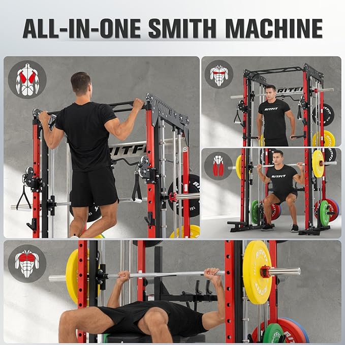 RitFit M1 Pro Smith Machine Package, All-in-One Power Cage with Weight Stack Set, Includes LAT Pulldown & Cable Crossover System for Home Gyme