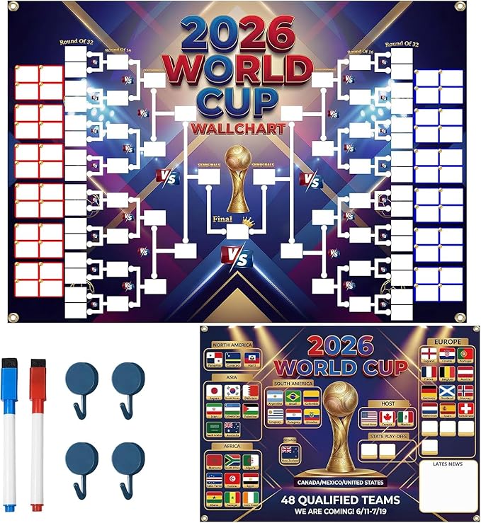 Planetgreen 2026 World Cup Poster Set, Soccer Schedule & 48 Team Bracket Wall Chart, 2 Pack 30.3 x 21.3 Inch PVC, Dry Erase Tournament Tracker, Football Wall Decor Gifts for Soccer Fans