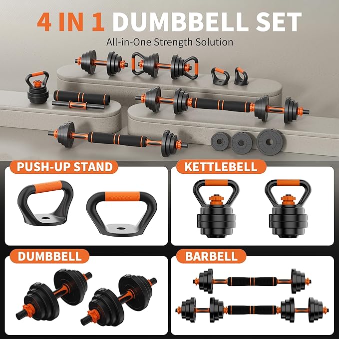 4-in-1 Adjustable Dumbbell Set, 60LBS/70LBS Free Weights Set with Connector, Used as Barbell, Kettlebells, Push-Up Stand, Weight Plate, Exercise & Fitness Dumbbells Home Gym Workout Equipment for Men/Women