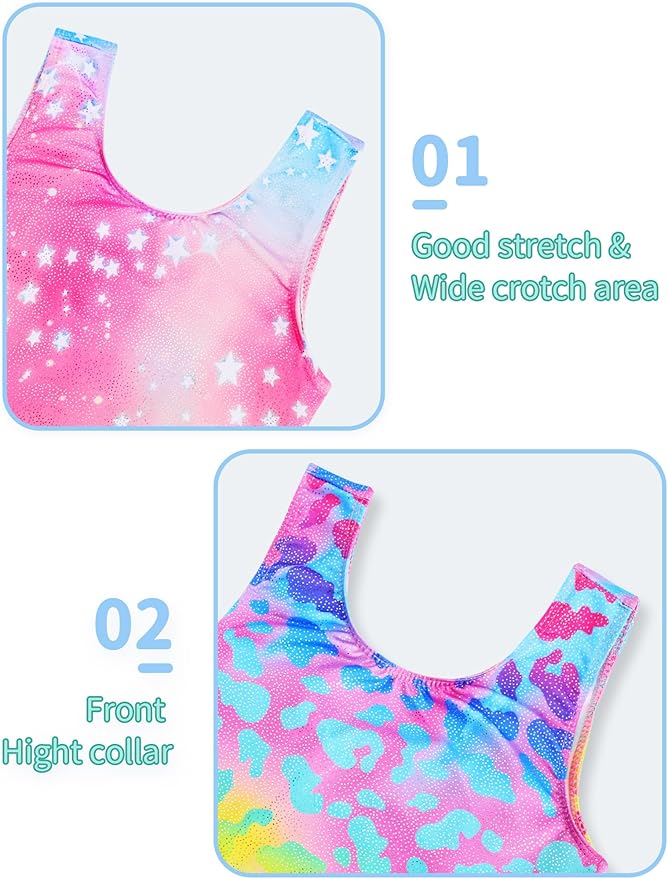 Nymphperi 2 Packs Gymnastics Leotard for Girls Sparkle Biketards with Shorts Kids Sleeveless Unitard One-Piece Dancewear