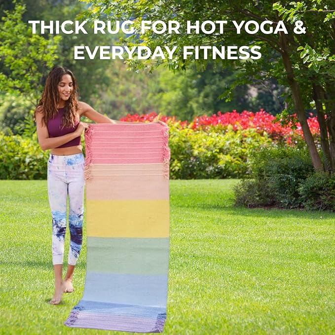 Indian Handmade100 % Organic Anti Skid Multi Colour Cotton Yoga Mat - Eco-Friendly Hand-Woven Rug - Non-Slip & Thick (24”x72”x5mm) for Hot yoga & Everyday Fitness at Home - Comfortable & Foldable Extra-Long Mat