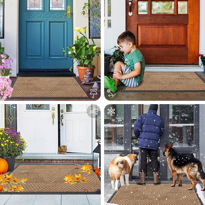 Smiry Front Door Mat Outside Entrance, Heavy Duty Sturdy Natural Rubber Doormat, Trap Dirt and Moisture, Easy Clean Low Profile Mats for Indoor Outdoor Entry, Irregular Triangle (59x35, Coffee)