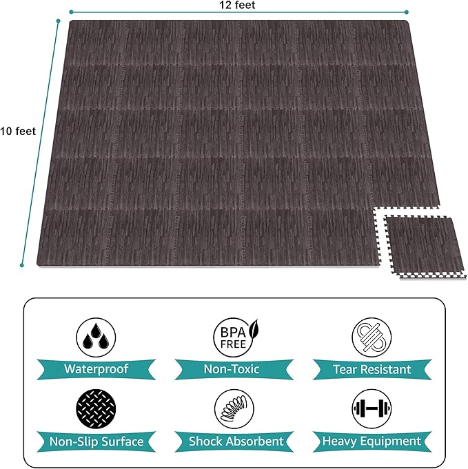 Sorbus 120 Sq. Ft. Wood Grain Floor Tiles Foam Mat EVA Interlocking Mats Tile 3/8-Inch Thick Flooring Wood Puzzle Exercise Mats w/Borders - Home Playroom Basement, Apartment, Trade Show, Baby, Dance