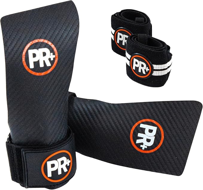 Set of PR+ Gymnastics Hand Grips + 18" Lifting Wrist Wraps for Pull Ups, Weightlifting, WODs & Cross Training – No Hole, Chalk-Free Gloves, Triple Layer Hand Protection & Wrist Support - Great Gift
