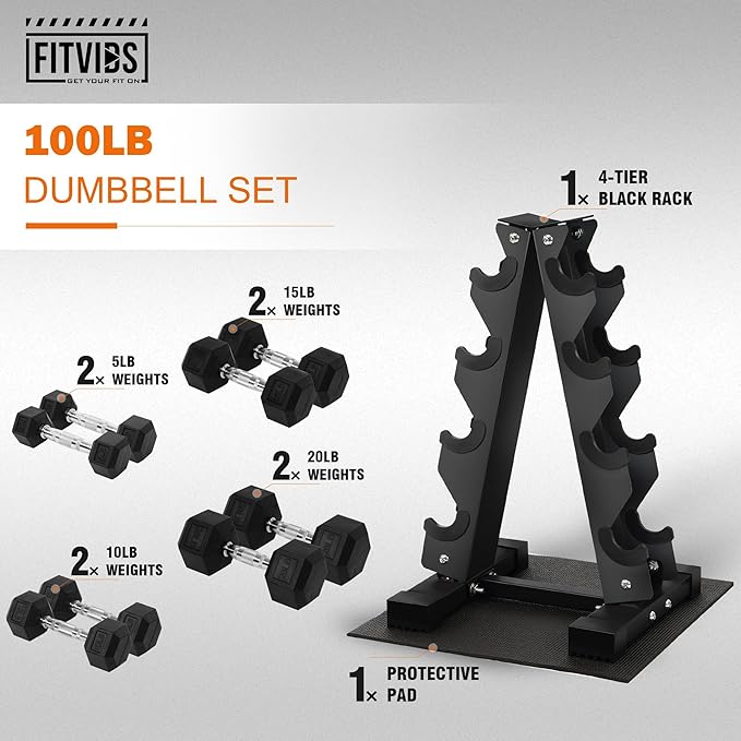 Fitvids 150 LB Rubber Coated Hex Dumbbell Set with Storage Rack, 5-25LB Hand Weight Set with Anti-Slip Grip for Home Gym
