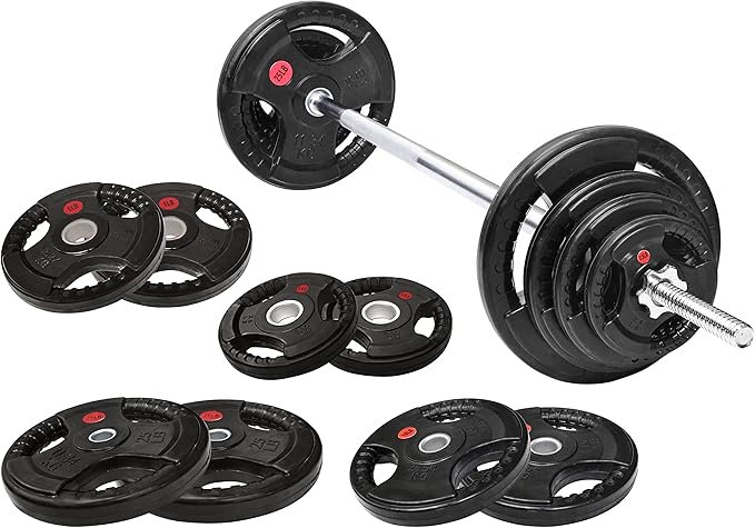 Fitvids Barbell Weight Set, Cast Iron 1" Standard Weight Plates Including 5FT Standard Barbell Bar & Star Locks, 95 Pounds Set (85 Lbs Plates + 10 Lbs Barbell Bar), Multiple Packages