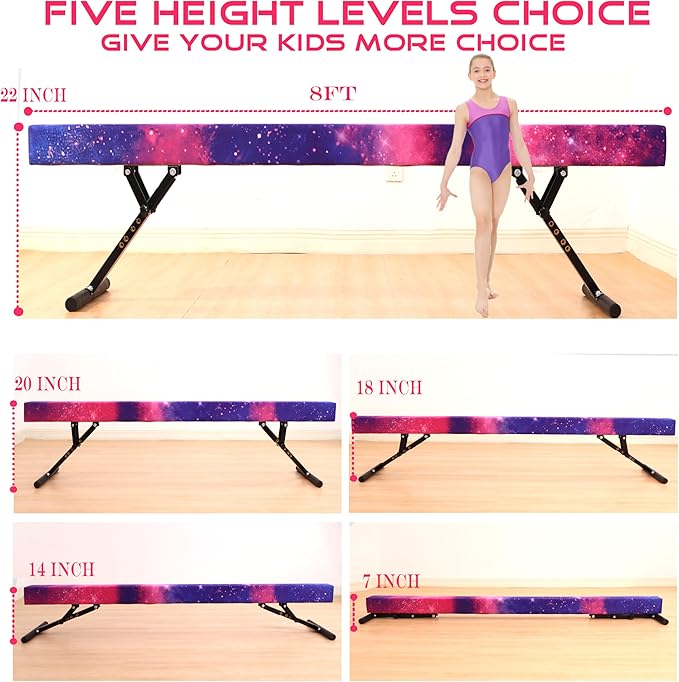 8 Ft Gymnastic Balance Beam with Adjustable Height From7 inch to 22 inch for Kids Children Home Practice, Adjustable Balance Beam with Leg, High and Low Floor Gymnatic Training Beam