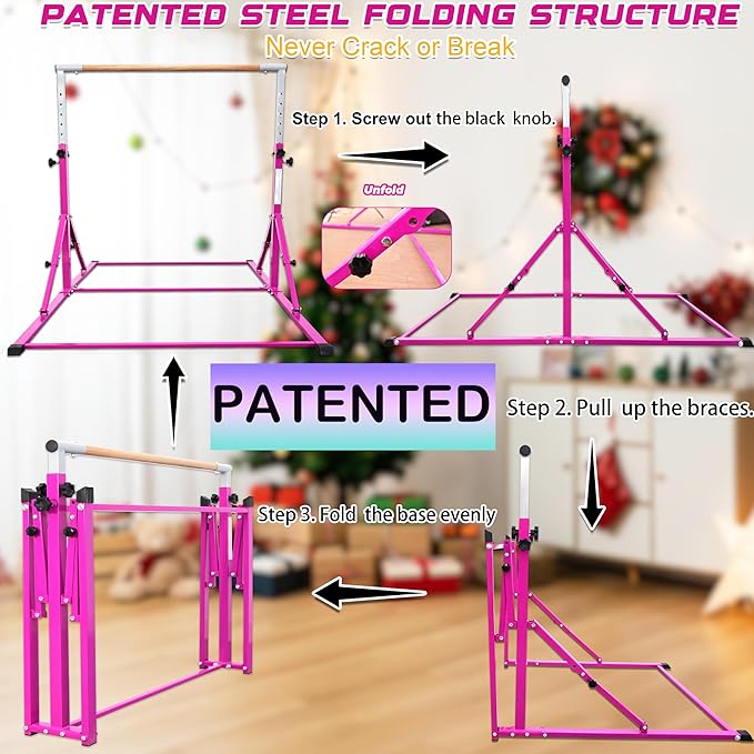 PreGymnastic Foldable Gymnastics Bar, 5.6FT Folding Horizontal Bars for Kids Ages 3-12, Weight Limit 350 LBS, Adjustable kip Bar, Children Home Gym Equipment Indoor