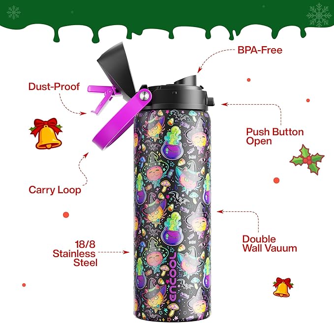 ENCOOL Insulated Water Bottle with Straw Stainless Steel Water Bottle with Push Button Lid, Leak-Proof & BPA-Free, Keeps Cold for 24 Hours for Sports, Travel, Gym (32 oz, Meowgic Night)
