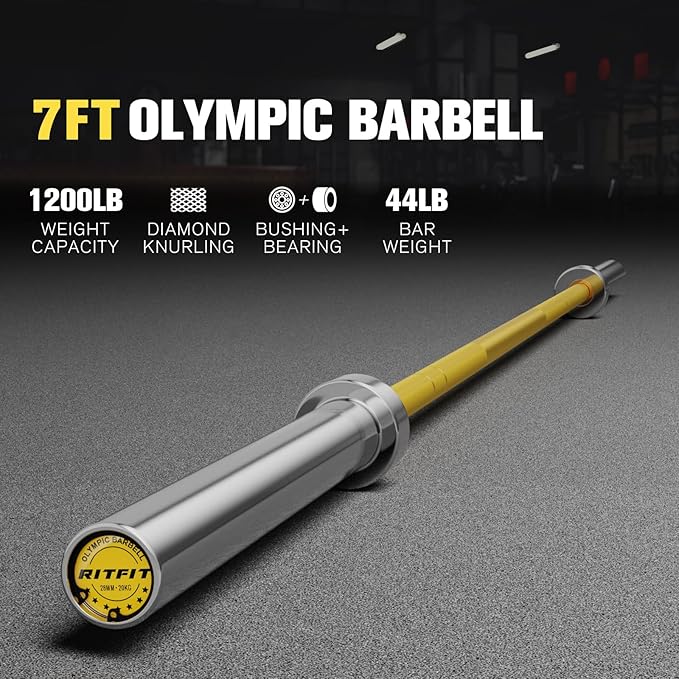 RITFIT 7FT Olympic Barbell for Strength and Weightlifting Training - 2 Inch Olympic Bar for Squat, Deadlift, Bench Press, Curl, Overhead Press - 600lbs/1000lbs/1200lbs Capacity
