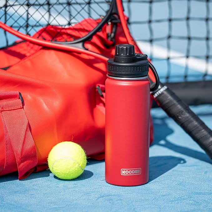 koodee Kids 16 oz Stainless Steel Vacuum Insulated Water Bottle for Back to School Wide Mouth Flask with Leakproof Spout Lid (Canyon Red)
