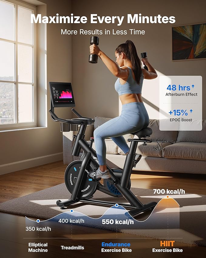 MERACH Exercise Bike, Brake Pad Stationary Bike with Exclusive App, Low Noise Indoor Cycling Bike with 300lbs Weight Capacity, Tablet Mount and Fitness Courses for Weight Loss